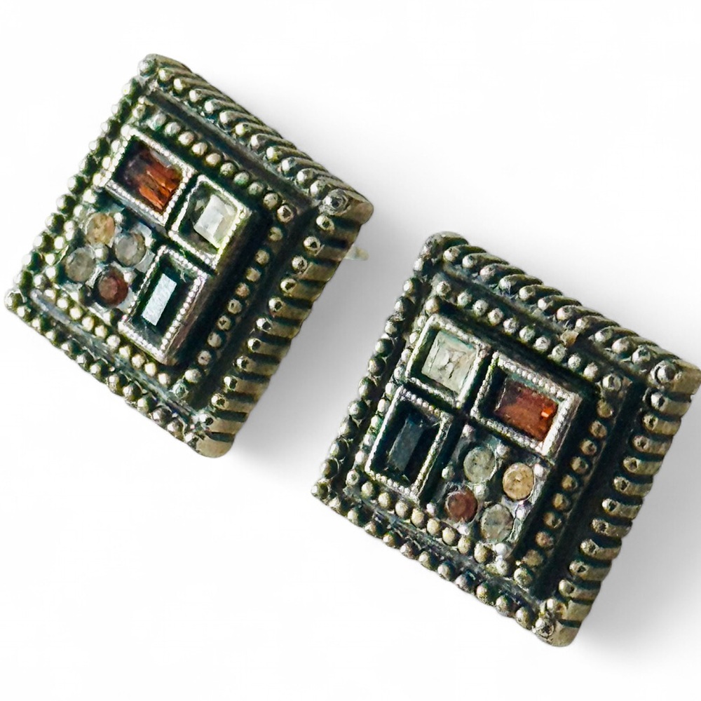 Vintage Patricia Locke Square Oxidized Sterling Silver Pierced Earrings